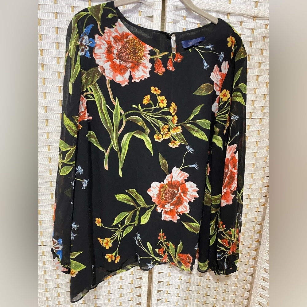 Rachael Roy Floral Black and Multicolor top Blouse. Nice drape. Size 1X.